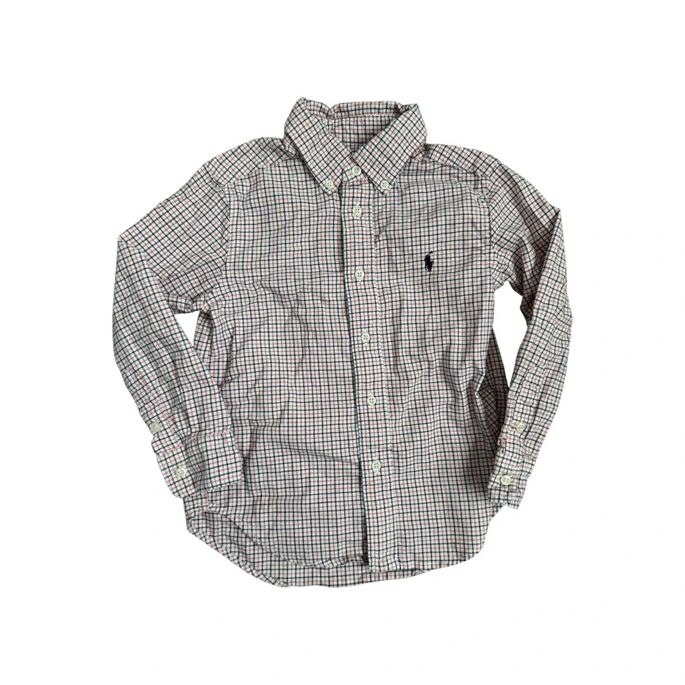 Polo Ralph Lauren Boys Plaid Button Down Shirt Long Sleeve Orange Navy Size 4‎